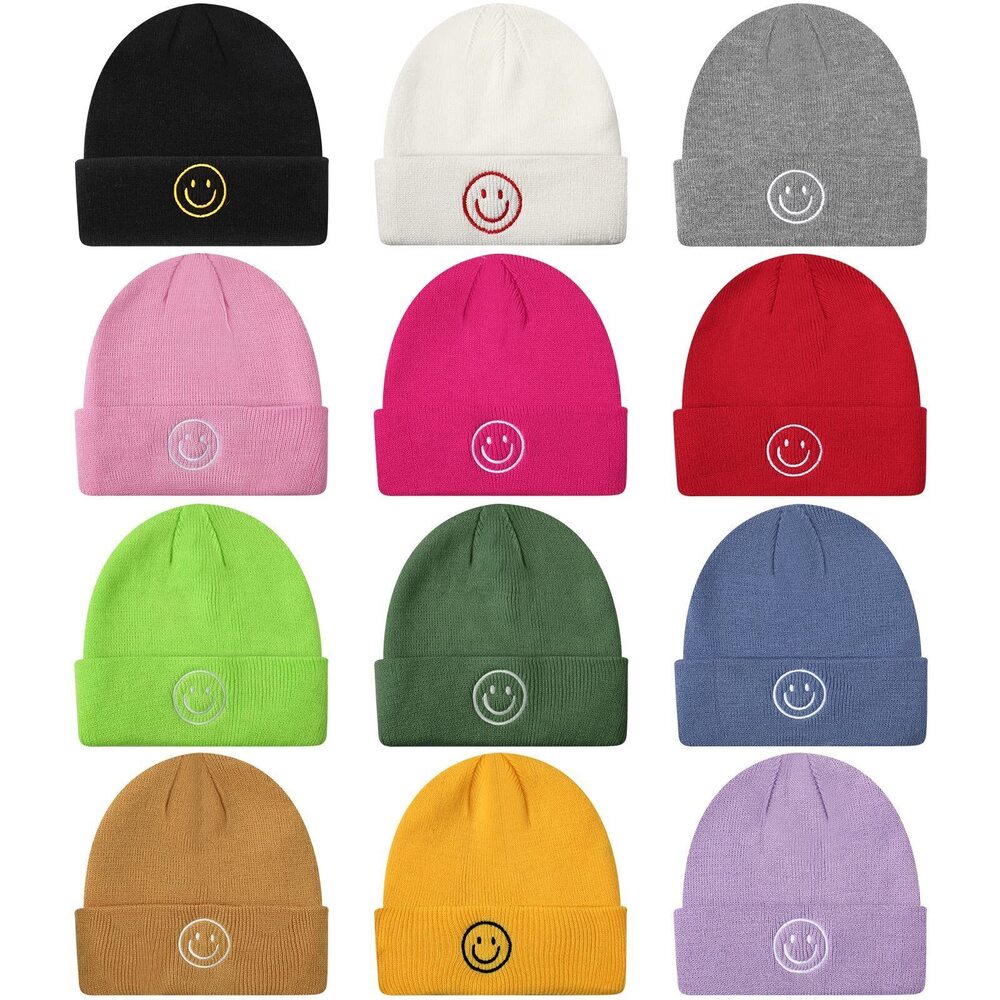 4447 12 Pieces Knit Beanie Hat with Smile Face Embroidered Soft Winter Hats